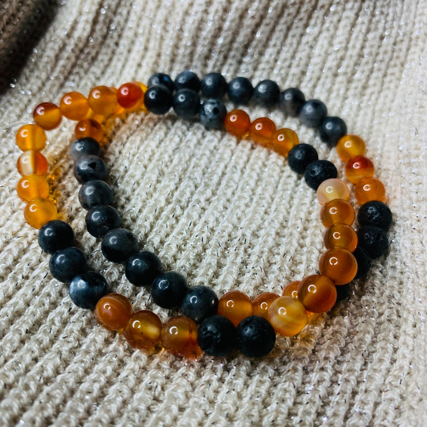 Bracelets Élan de Vie (Pierre de lave, Larvikite & Cornaline)