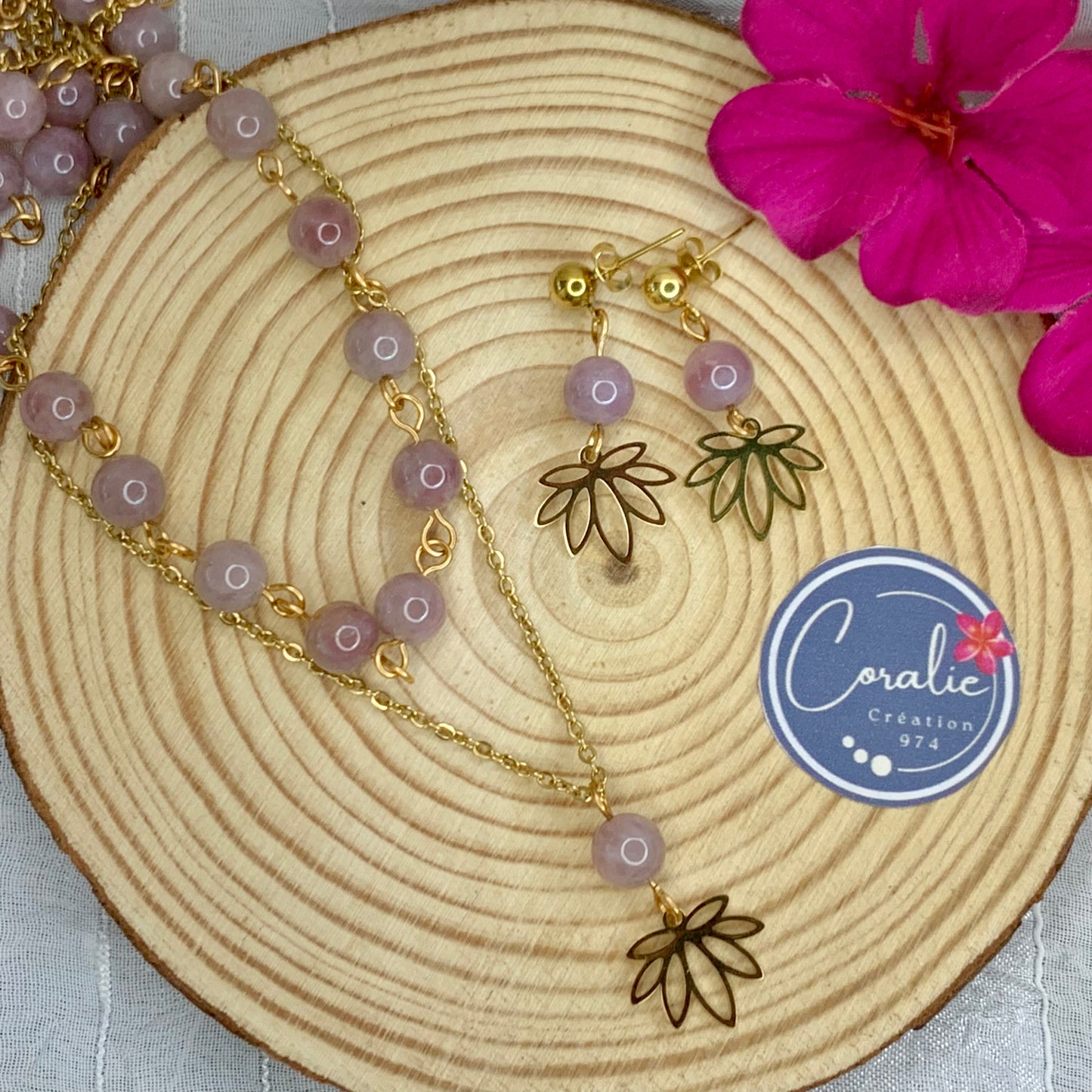 Parure Quartz rose Lotus (Collier + BO