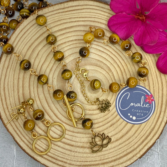Parure Œil de tigre Lotus (Collier + Bracelet + BO)