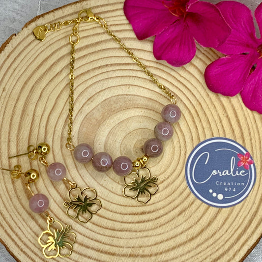 Bracelet Quartz rose Hibiscus + BO