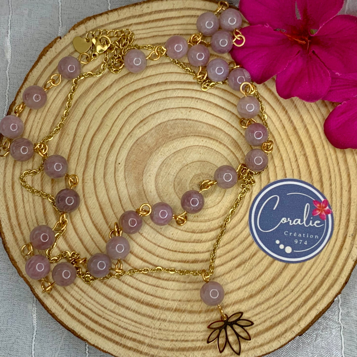 Parure Quartz rose Lotus (Collier + BO