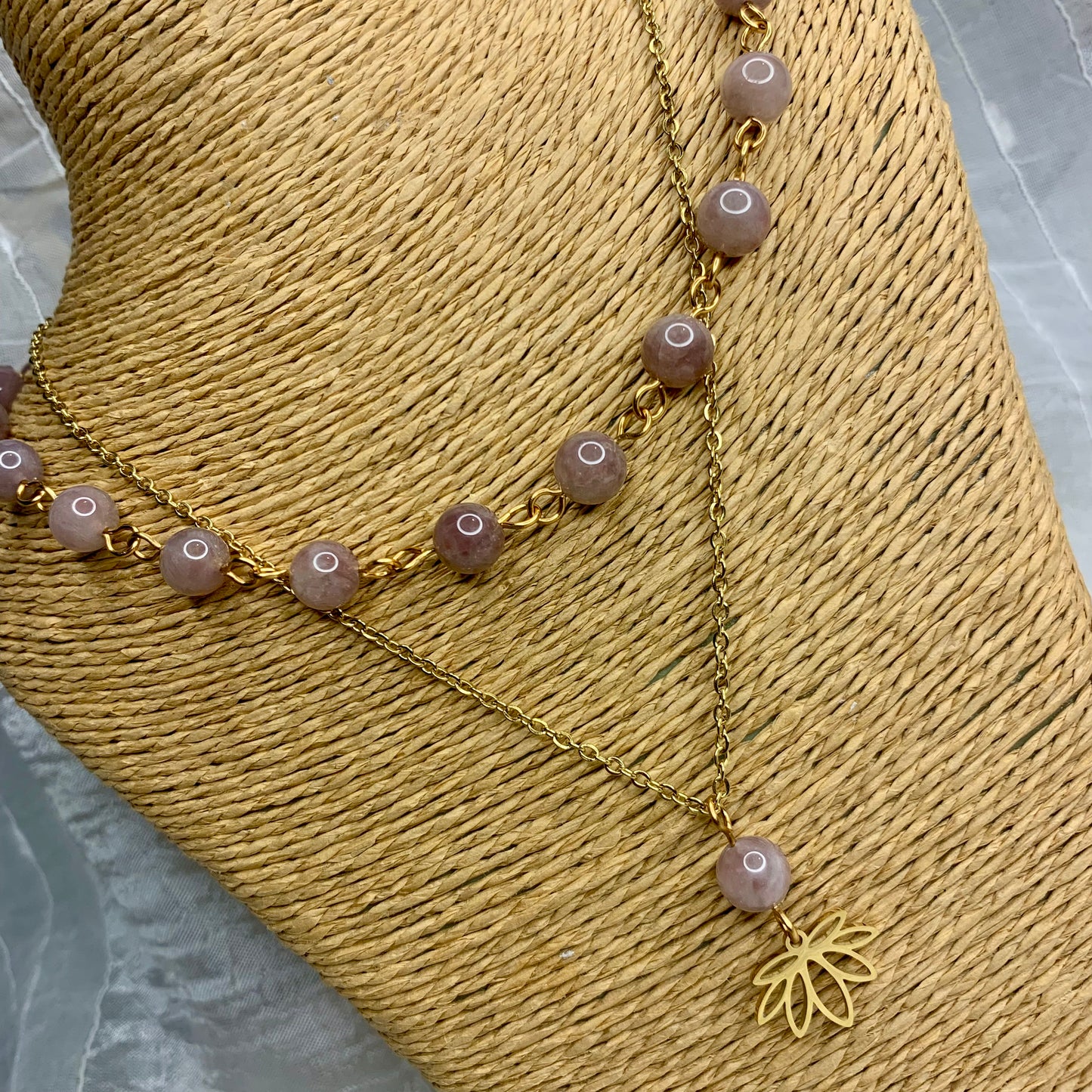 Parure Quartz rose Lotus (Collier + BO
